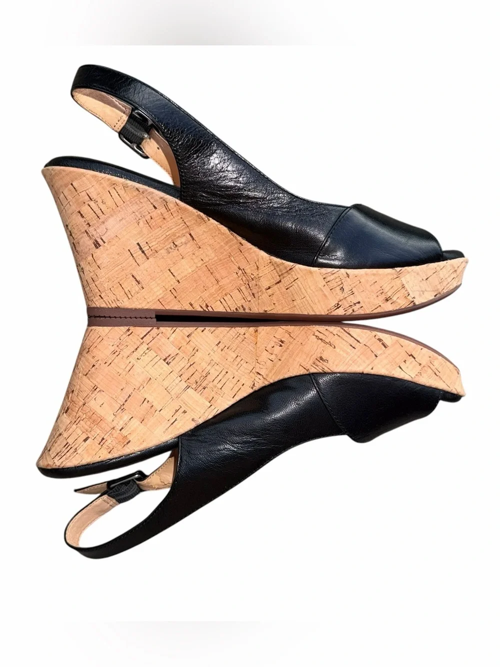 Sofft Black Peep Toe Cork Wedge Slingback Size 8 M